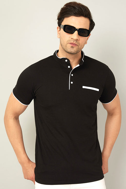 Men Black Henley Half Sleeve T-Shirt